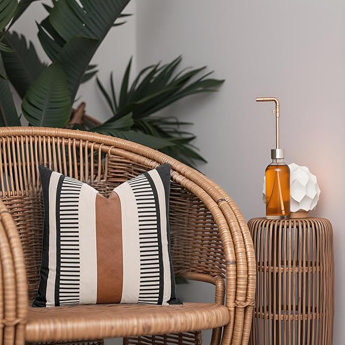 Farmhouse Stripe Pillow Cover 18x18 Boho Accent Cushion Case Faux Leather Decorative Pillowcase,Black and Beige (Cover ONLY, Pack of 1)