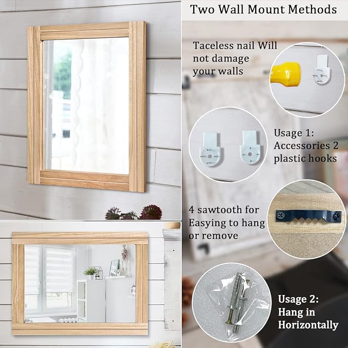 AAZZKANG Rustic Mirrors for Wall with Rectangular Wood Frame Decorative for Farmhouse Bedroom Bathroom Living Room Home Office Large 20"x16"