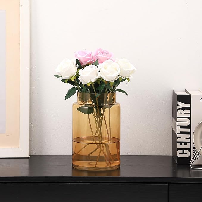 Large Glass Vase, 9 Inch Amber Glass Vase, Large Flower Vases for Bouquet, Tall Wide Mouth Vases for Flowers, Home, Wedding, Living Room, Office Decor