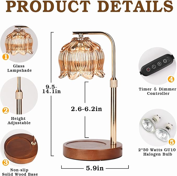 Candle Warmer Lamp with Timer, Birthday Gifts for Women Momm, House Warming New Home Room Decor, Height Adjustable Lotus Flower Candle lamp for Jar Scented Candles with 2 Bulbs