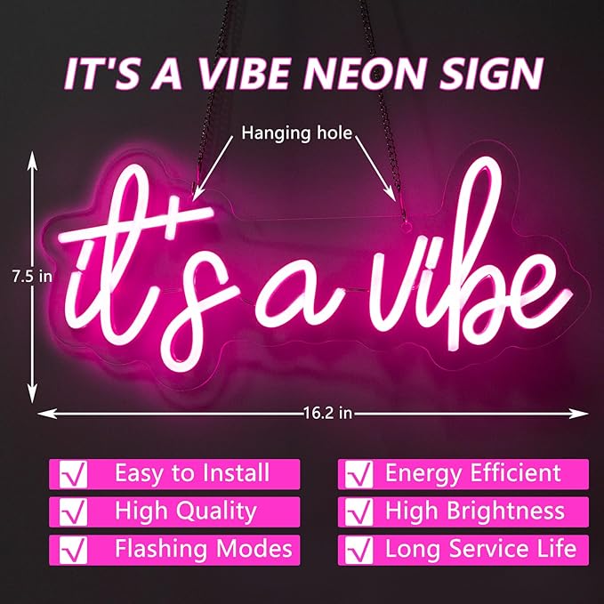 It's a Vibe Neon Sign, Neon Signs for Wall Decor, Neon Dimmable Pink LED Signs for Bedroom, Neon Light Up Signs for Home Beer Bar Cafe Game Room Birthday Wedding Decorations Girls Boys Gifts