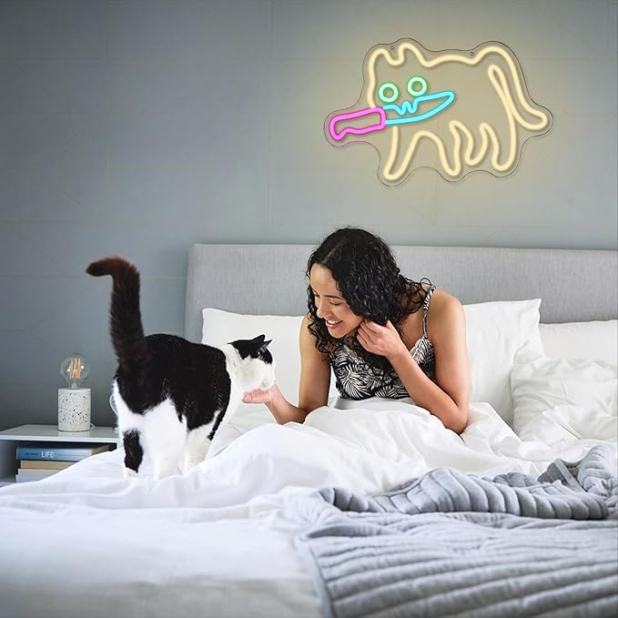 Cat Neon Sign for Wall Decor Knife Neon Light Cautiously Cat LED Neon Sign White LED Neon Light for Bedroom Zoo Cat Cafe Cat House Store Home Men Cave Home Bar Decoration(16.9"*12.4")