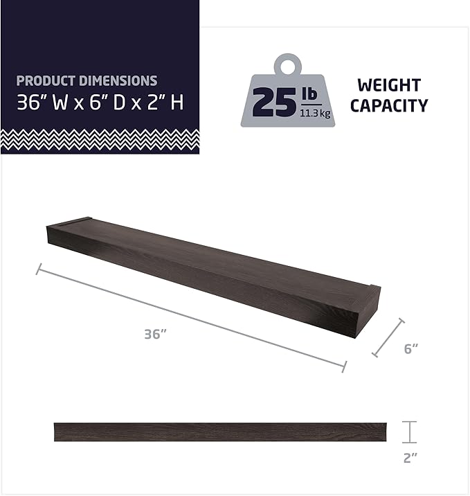 HIGH & MIGHTY 515665 Modern 36" Floating Shelf Holds up to 25lbs, Easy Tool-Free Dry Wall Installation, Flat, eCommerce Packaging, Espresso