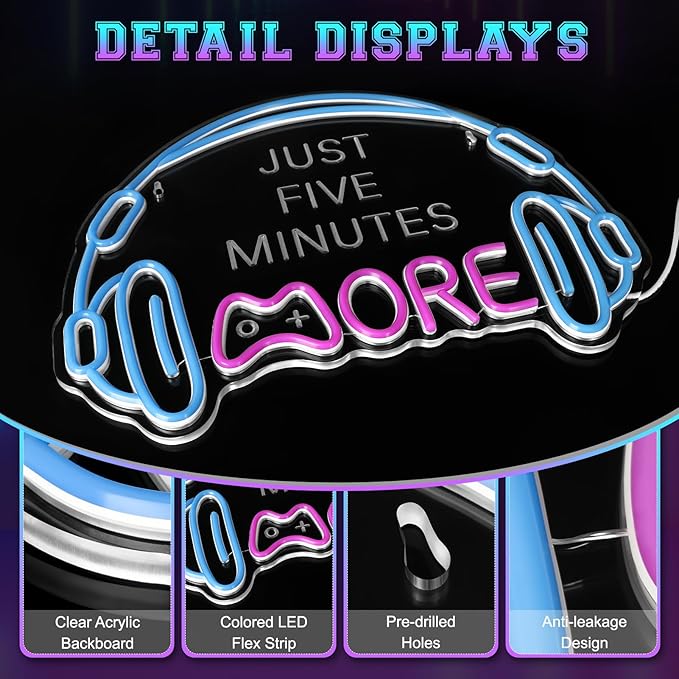 Gaming Neon Sign, Large Bright and Dimmable Colored LED Headset Gamer Neon Light and USB Powered Headphone Lightup Game Signs for Game Zone Video Room Boy Bedroom Wall Decor (Just Five Minutes More)