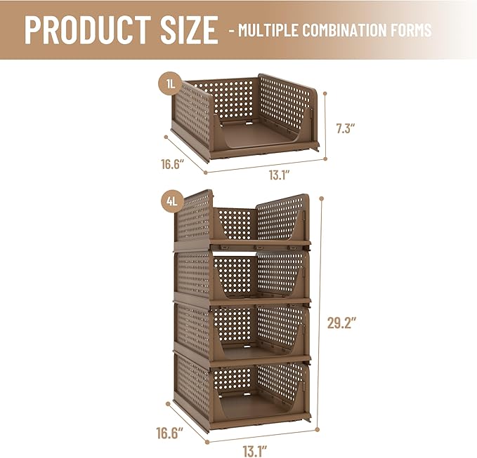 Pinkpum 4 Pack Folding Closet Organizers Storage Box, Stackable Plastic Drawer Basket for Clothing, Stackable Storage Bins Shelf Storage Container for Closet Wardrobe Bedroom Bathroom Office (Toffee)