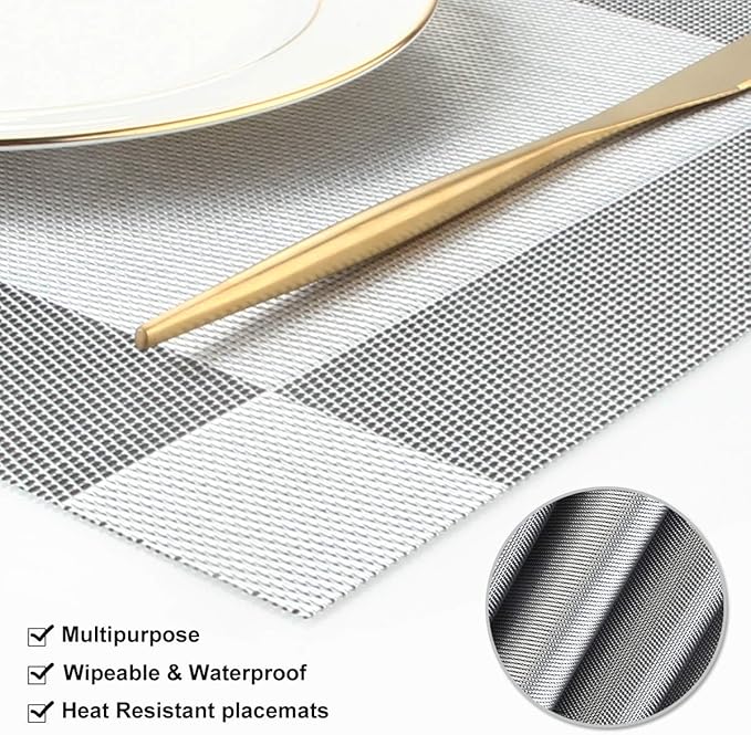 DACHUI Placemats Set of 4, Linen Look Woven Place Mats, Water Resistant, Heat Resistant, Washable, Durable Table Mats (Silver Grey)