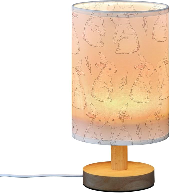 Table Lamp White Bunny Rabbits Pattern Nightstand Lamp with Wood Base Fabric Lamp Shade Bedside Desk Lamp for Living Room Bedroom Kids Room Office