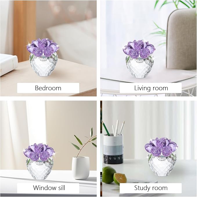 Crystal Flower Figurines - Glass Rose Home Decor - Flower Bouquet for Ladies Gifts(Purple)