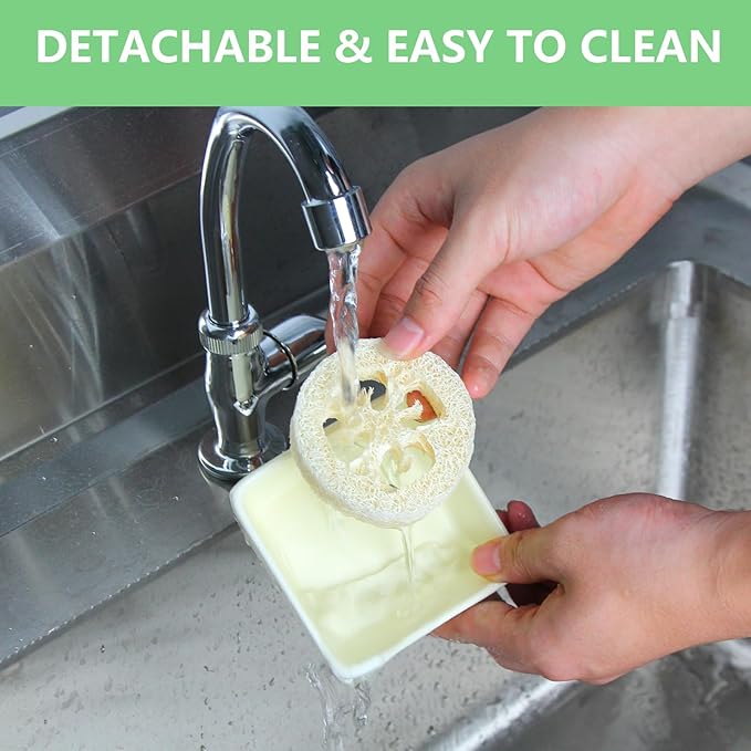 Soap Holder Square Ceramic with Natural Loofah Soap Rest, Bathroom Soap Dish Lisfting Pads, Quick Drying and Easy to Clean, Ideal for Square Soaps (Cream White)
