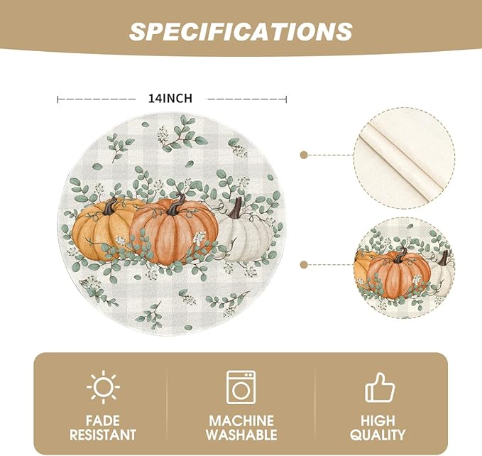 Artoid Mode Orange Pumpkins Fall Round Placemats Set of 4,14 Inch Eucalyptus Thanksgiving Seasonal Round Place Mats for Party Dining Decoration