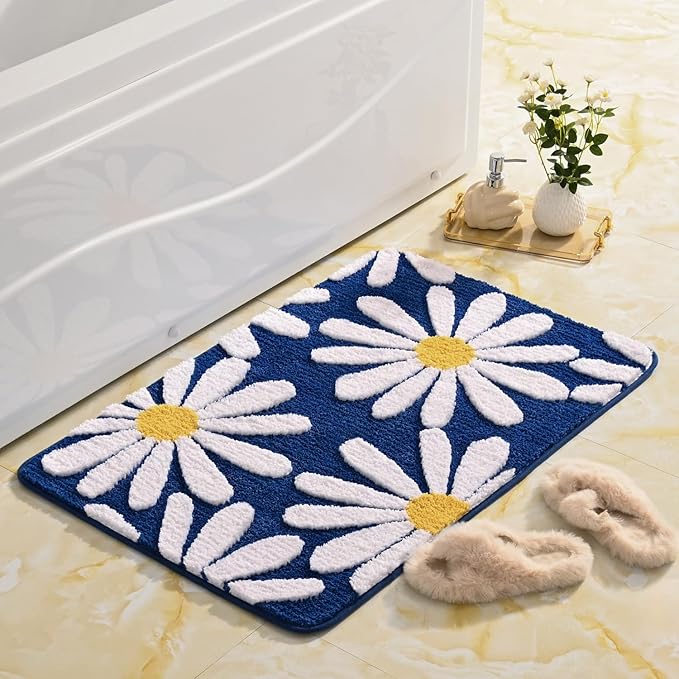 QJHOMO Navy Blue Bathroom Rugs Cute Daisy Bath Mat White and Yellow Flower Decor Rug Non Slip Floor Carpet Microfiber Bathmat Super Absorbent Machine Washable Bathtub Mats for Shower (24x36 inch)