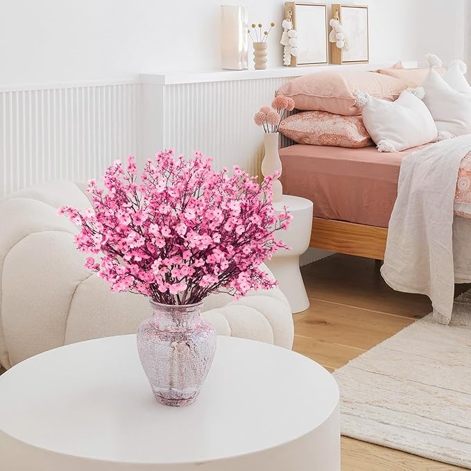 8Pcs Babys Breath Artificial Flowers Silk,Real Touch Pink Bouquets Fake Flowers for Vase Home Office Wedding Indoor Outdoor Centerpiece Table Decorations