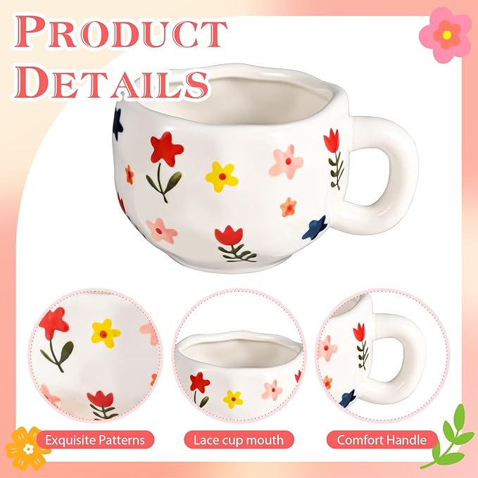 4 Pcs Ceramic Coffee Mugs Set of 4, 10 oz Hand Painted Floral Mug Cute Flower Cup Aesthetic Latte Art Cups for Office and Home Vintage Tea Cup for Cappuccino, Cocoa, Espresso - Microwave Safe
