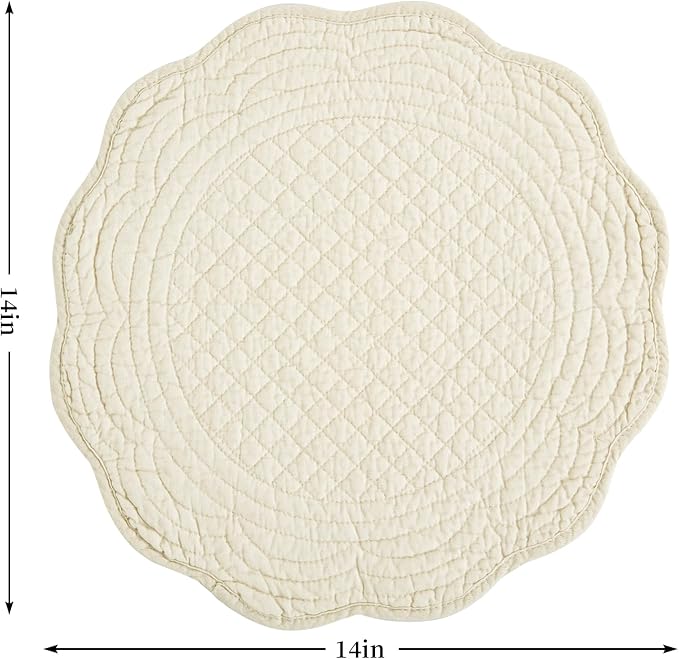HOMBYS Quilted Placemats Set of 6 Washable Round Placemats for Kitchen Table-100% Cotton Fabric 15 Inch Round Table Mats, Cotton Fabric with Microfiber Filling, (15"x15", Flax)