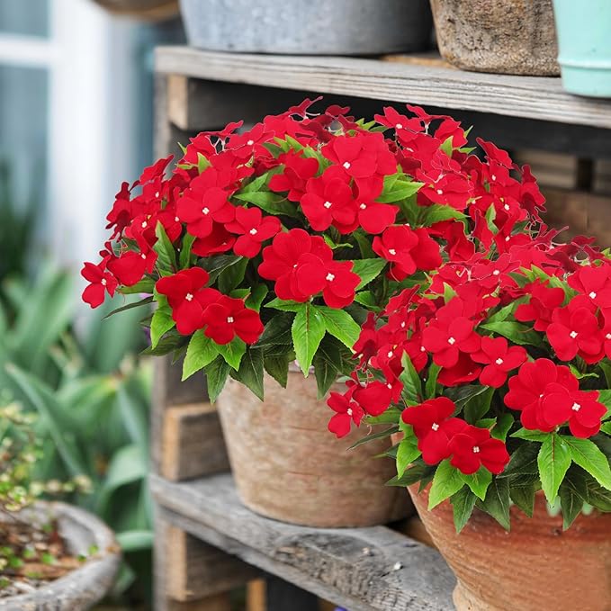 4 Pcs Artificial Flowers Outdoor Impatiens UV Resistant Silk Impatiens Flowers Red Faux Flowers Impatiens Bushes Artificial Impatiens for Pot Patio Lawn Garden Hanging Basket Porch Decor
