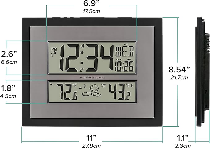 La Crosse Technology 512-85937-INT Atomic Digital Wall Clock with Temperature & Forecast in Gray/Silver