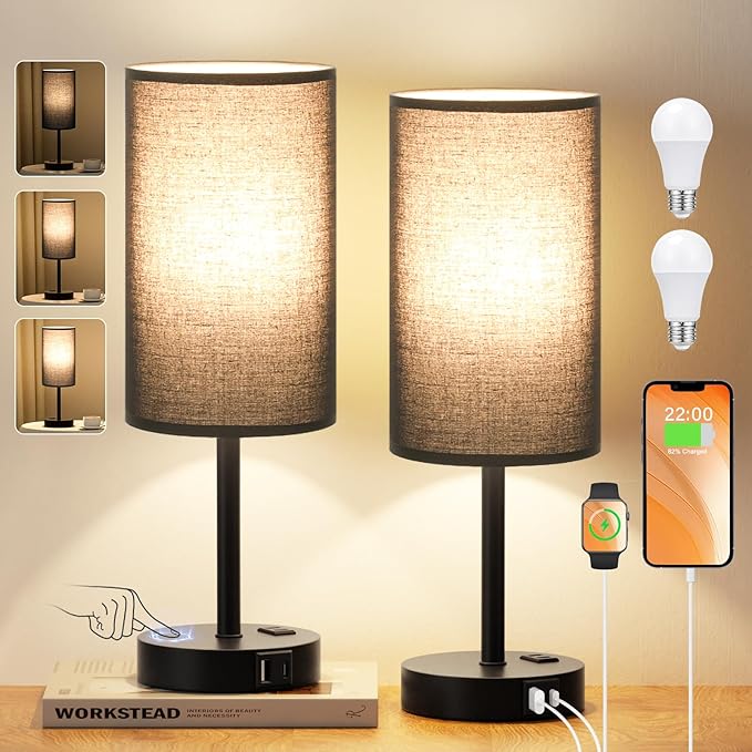 17.4inches Tall Black Touch Table Lamps Set - 3 Way Dimmable Bedside Lamps with USB C and A Ports, Small Lamps for Nightstand with AC Outlet, Round Flaxen Shade for Desk, Office, Dorm, Nursery