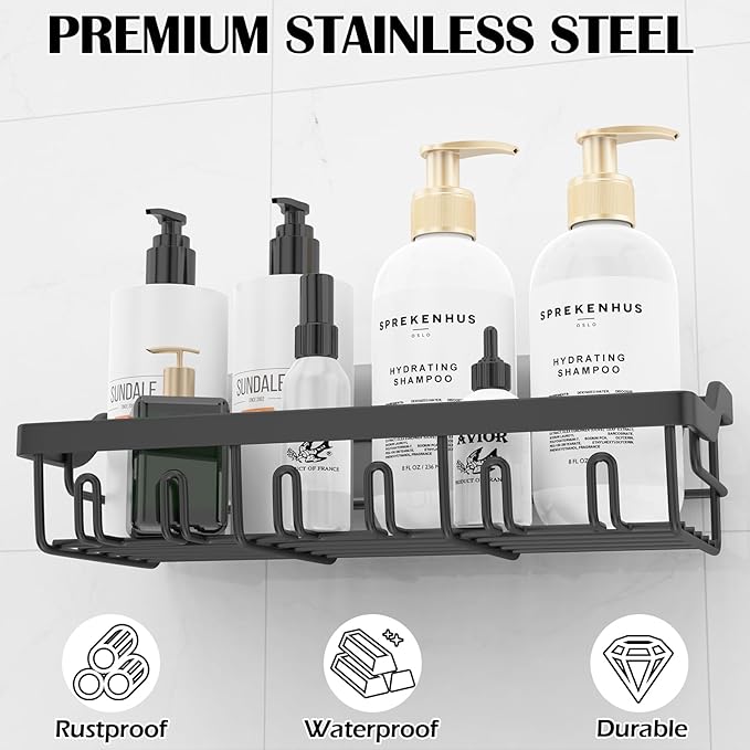 3 Pack Shower Caddy, Adhesive Shower Organizer for Bathroom Storage, Rustproof Stainless Steel Shower Shelves, No Drilling, Large Capacity Shower Rack Shelf for Inside Shower, Black
