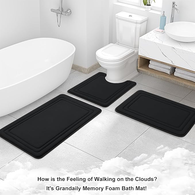 Grandaily Memory Foam Bath Mat Rug 59x20, Ultra Soft, Non-Slip and Absorbent Bathroom Rugs, Machine Wash Dry, Comfortable Bath Carpet for Bathroom Floor, Tub and Shower, Black