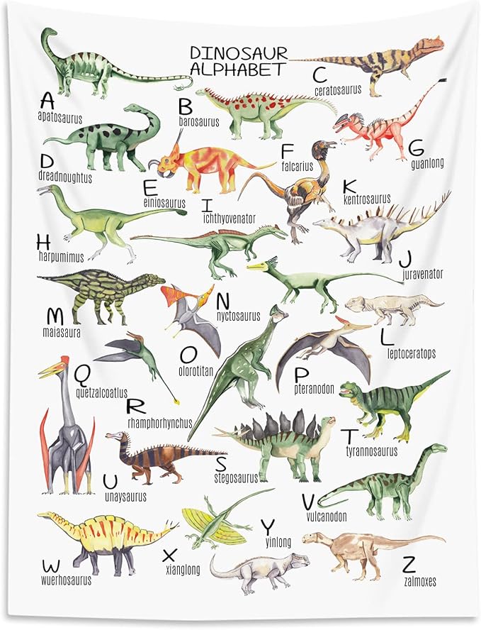 HVEST Dinosaur Tapestry Vertical Wall Hanging ABC English Alphabet and Wild Animal Tapestries Illustrative Reference Chart Tapestry for Kids Bedroom Living Room Teen Dorm Party,70.9x92.5 Inches