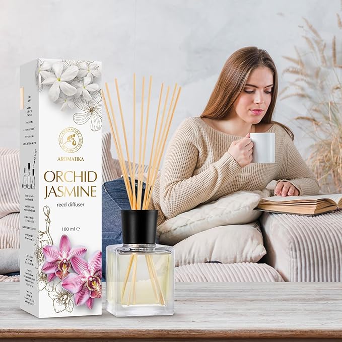 Reed Diffuser Orchid-Jasmine 3.4 Fl Oz - Fresh & Long Lasting Fragrance - Gift Set with 10 Bamboo Sticks - Good for Aromatherapy - Spa - Home - Kitchen - Bath - Office