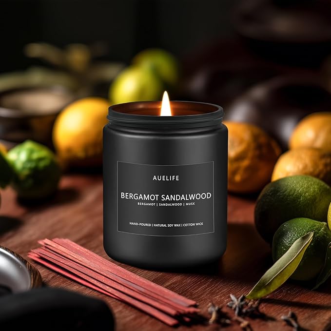 Bergamot Sandalwood Candle for Men | Masculine Scented Soy Candles for Fathers Day - Home Fragrance, Aromatherapy Gifts for Dad - 7oz Black Jar, Long-Lasting Luxury Decor