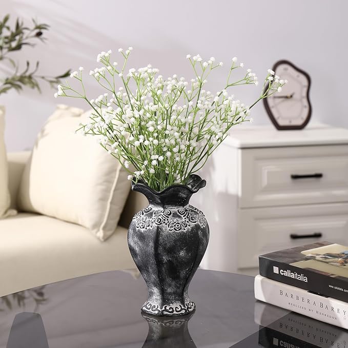 Black Ceramic Vase, Terracotta Vase for Decor, Rustic Farmhouse Vases, Vintage Pottery Vases for Living Room, Bedroom, Kitchen, Office, Dining Table, 8.5 Inches