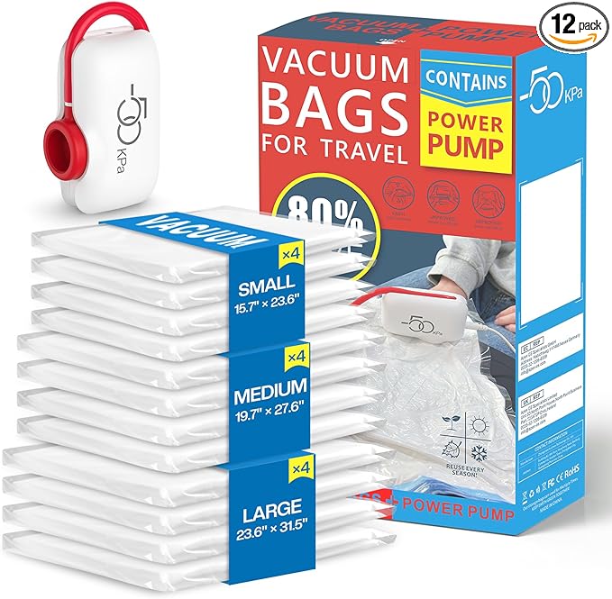 Vacuum Storage Bags for Travel, 12 Pack Vacuum Seal Bags for Clothing Travel, Vacuum Sealer Bags with High Pressure Electric Pump, Portable Space Saver Bags for Luggage Traveling