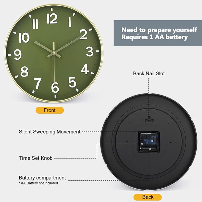Inbagi 8 Pcs Wall Clock Large Silent Battery Operated Wall Clocks Modern Non Ticking Wall Clocks Bulk Decorative for Kitchen Office Living Room Home Bathroom Bedroom Classroom (Green,12 Inch)