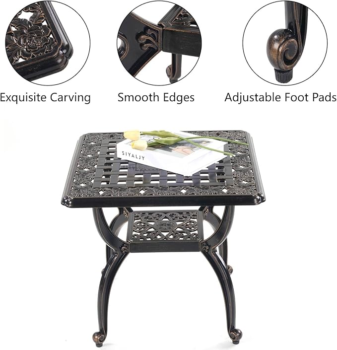 Mandolin Outdoor Patio,Rust -Resistant Cast Aluminum Side Table,Weather Resistant End Table,Coffee Table, Perfect for Patio, Backyard Or Garden. W 20.8" X H18.5(Aluminum Square, Copper)