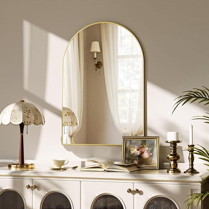 Arched Wall Mirror, 20 x 30 inch Arch Bathroom Mirror, Wall Mounted Vanity Mirror with Arch Metal Frame, Modern Bathroom Vanity Mirror for Bedroom, Living Room, Hanging or Leaning, Gold