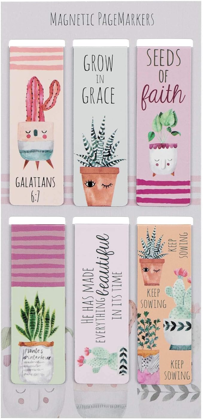 Christian Art Gifts Magnetic Scripture Bookmark Set for Women: Grow in Grace -2 Peter 3:18 Inspirational Succulent Garden Magnetic Bible Verse Pagemarker Set of 6 for Bibles and Books Size 2.3” x 0.8”