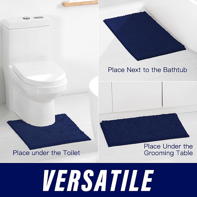 Bathroom Rugs 2 Pieces Chenille Bath Rug Mat, Extra Thick and Soft Absorbent Bath Rugs, Machine Washable, Non-Slip Plush Bath Mats for Tub, Shower, and Bath, (Navy Blue, 32"x20"+24"x16")