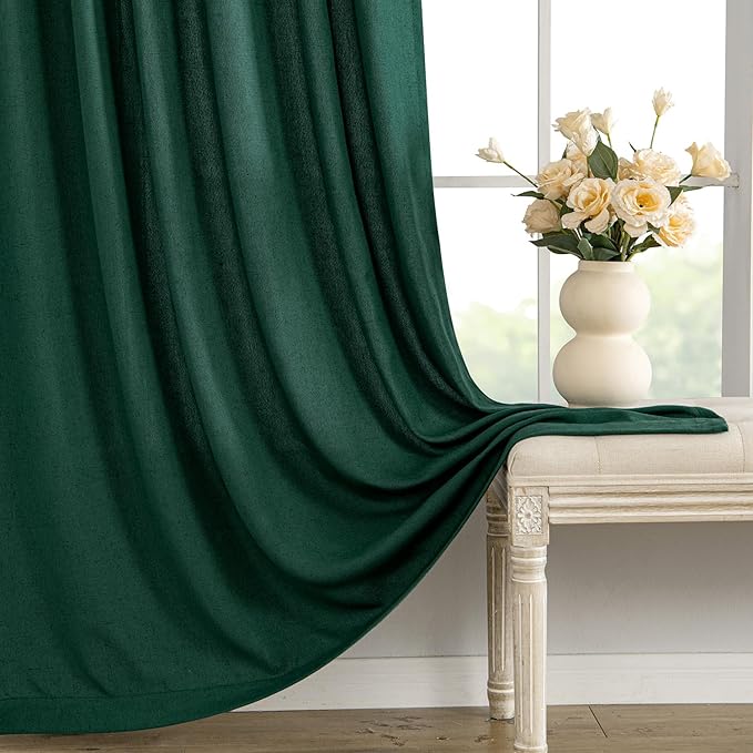 MIULEE Non-See-Through Privacy Linen Curtains 2 Panels, Christmas Emerald Green Light Filtering Window Curtains Textured Back Tab Semi Sheer Drapes for Bedroom Living Room, 52 x 84 Inches Long