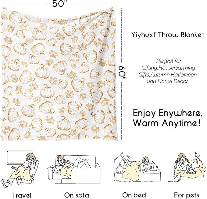 Fall Thanksgiving Blankets,Orange Pumpkin Maple Leaves Farmhouse Blanket Throw,Thanksgiving Fall Flannel Fleece Throw Blanket for Home Living Room Couch Bed Chair or Dorm Decor 60"x50"