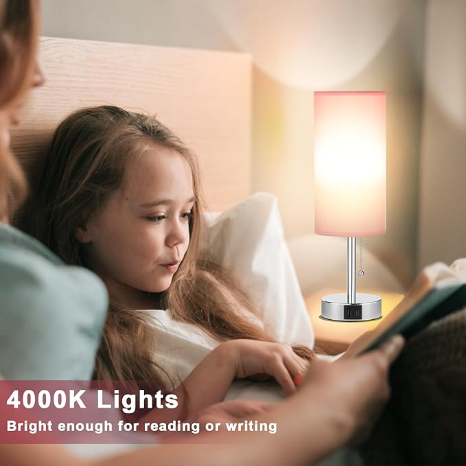 Hong-in Pink Bedside Lamp for Bedroom-Nightstand Lamps with 3 Color Modes with USB-C+A Charging Ports, 3000/4000/5000k Bedroom Lights by Pull Chain
