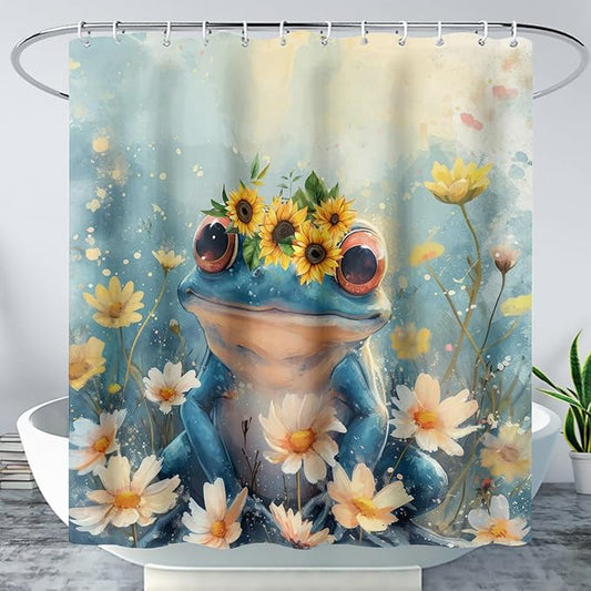 AILONEN Cartoon Frog Shower Curtain,Blue Frog with Sunflowers Polyester Cloth Bath Curtain Set for Kids Boys Girls,Amphibious Animals Shower Curtains for Bathroom,36" W*72" H
