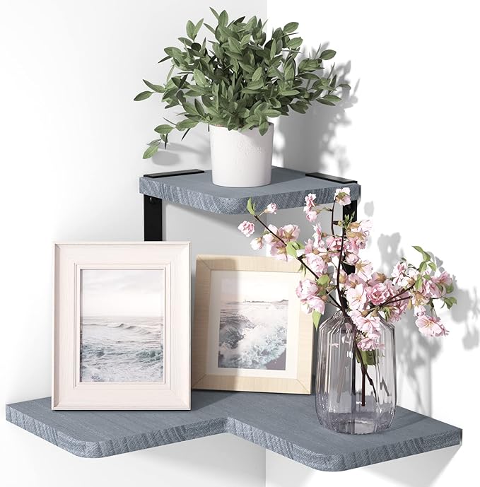 SRIWATANA Rustic Corner Shelf, 2-Tier Wood Wall Shelf, Wall Mounted Storage Shelves for Bedroom, Living Room, Bathroom, Weathered Grey