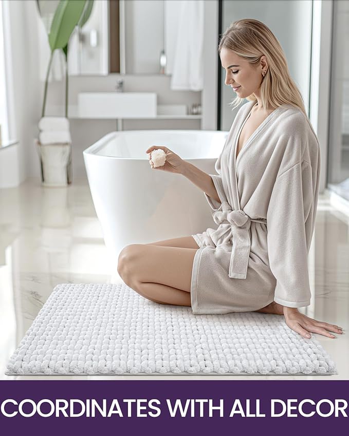 DEXI Bathroom Rugs 24x43, Non Slip Washable Bath Mat, Luxury Chenille Super Absorbent Thick Bathmats for Shower Floor, Plush Fluffy Shaggy Carpet for Tub, White