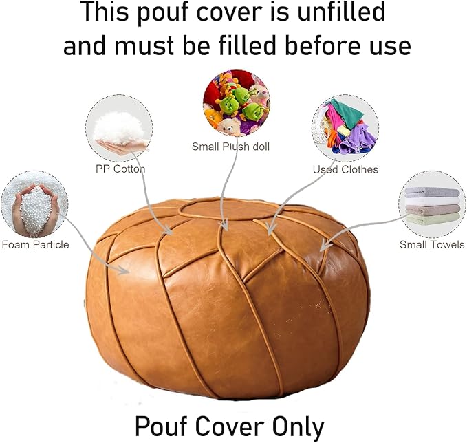 Louis Donné Unstuffed Pouf Cover, Round Foot Stool Ottoman for Foot Rest, Storage Bean Bag Floor Chair, Waterproof Faux Leather Pouffe, Footstool for Living Room, Kids Room or Bedroom (Yellowish)
