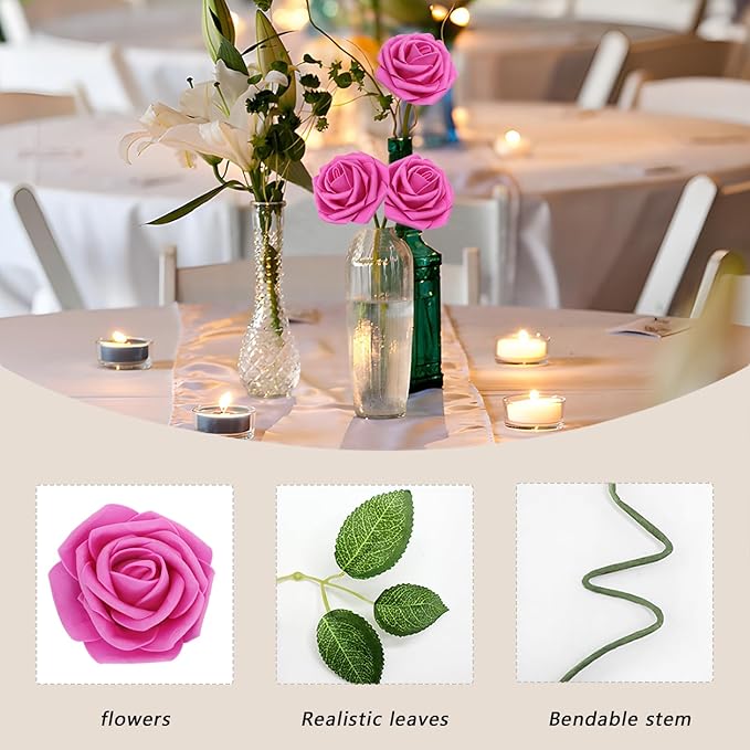 Artificial Flowers Roses Real Looking Foam Fake Roses with Leaves and for DIY Wedding Bouquets Bridal Shower Centerpieces Party Decorations (Hot Pink, 100)