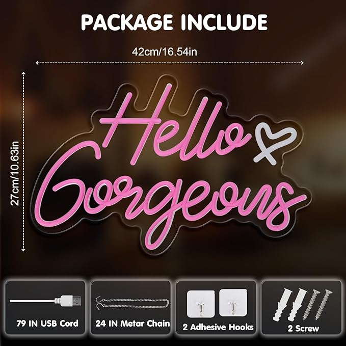 Hello Gorgeous Neon Sign, Hello Led Neon Sign for Home Wedding Birthday, Hello Beautiful LED Neon Lights Party Decorations(Adjustable Brightness)