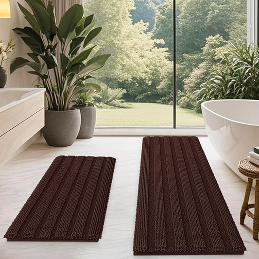 ACCUMTEK Striped Brown Bathroom Rug Mat Set 2 Piece 32"x20"+60"x20" Ultra Soft, Non Slip Chenille Bath Rugs, Absorbent Plush Shaggy Bath Mats for Bathroom, Bedroom, Kitchen, Shower, Tub