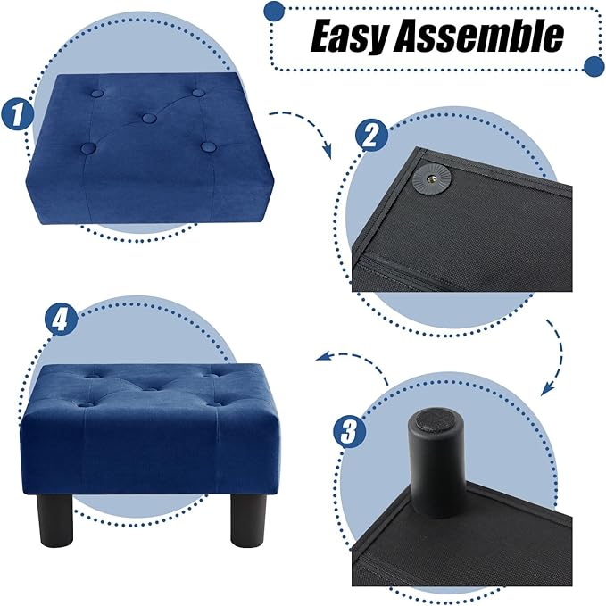 BRIAN & DANY Small Foot Stool, Velvet Foot Stools with Legs, Stable Small Footstool for Living Room, Blue