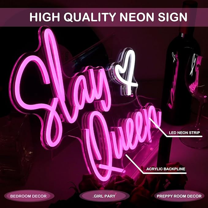 Slay Queen Neon Sign Pink Led Neon Signs Girls Bedroom Neon Lights For Wall Decor Dimmable Light Up Sign For Bar Party Preppy Room Y2k Club Decoration Teen Gifts (15.7 * 12.6in)