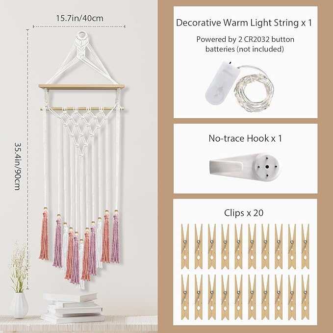 Macrame Wall Hanging Bohemian Photo Display Holder with Wooden Shelf Tassels Decorative LED Light Strings Hooks 20 Clips Boho Art Picture Card Hangers Handmade Tapestry Romantic Gift - Pink