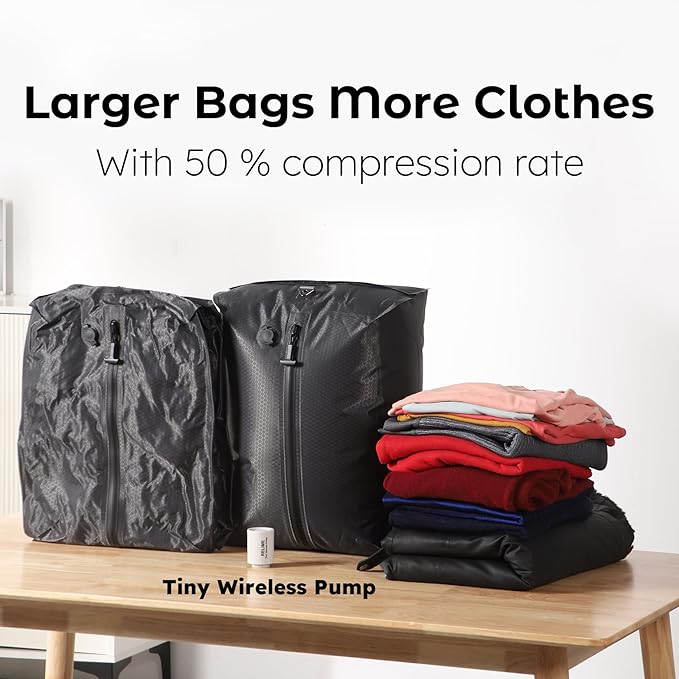 Vacuum Bags for Travel Luggage with Wireless Pump, Revolutionary Reusable Compression Bags for Carry On Suitcases and Backpack, Vacuum Seal Packing cube for Cloth Packing (1PC + PUMP)