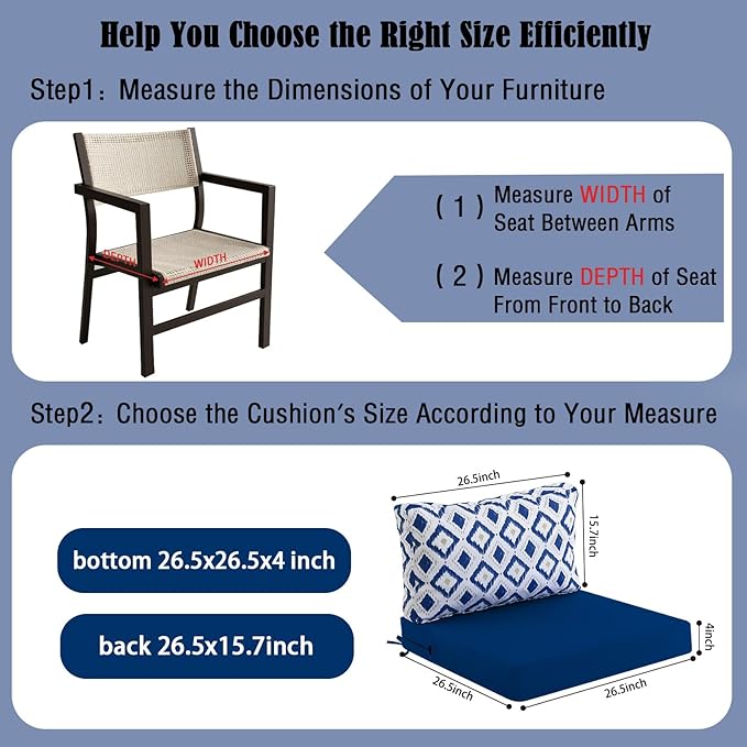 idee-home Outdoor Cushions for Patio Furniture, Outdoor Seat Cushion, Waterproof Hampton Bay Deep Seat Replacement Couch Chair Cushions for Garden Lawn Backyard Deck, 26.5 x 26.5 Navy Blue Pattern