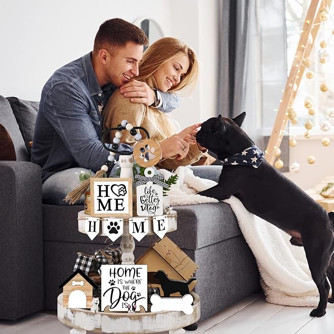 Set of 11 Farmhouse Tiered Tray Decor Rustic Home Tiered Tray Decorations Set Home Wooden Signs Bone Dog Paw Farmhouse Tabletop Wood Signs for Kitchen Table Shelf Decor