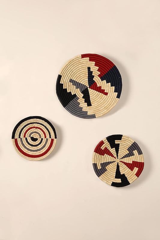 Set of 3 Round Boho Hanging Wall Basket Home Christmas Decor for Bedroom, Kitchen, Farmhouse Handmade Decorative Unique Indian Wall Decor Woven Baskets Decorations (Red Black, Contemporary)